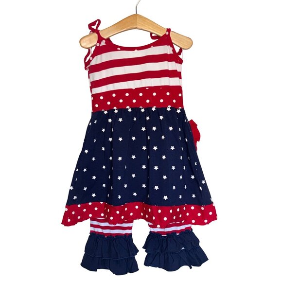 Patriotic Dress & Pants Set Girls 5T Red White Blue Stars Striped Ruffle Cotton - Picture 2 of 9